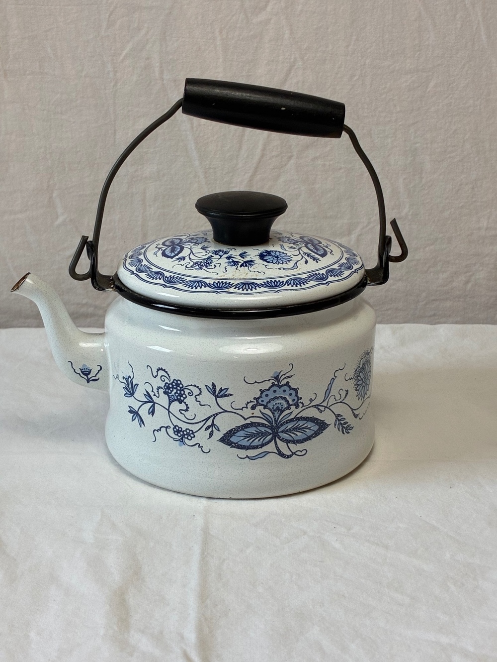Vintage Blue and White Floral Enamelware Teapot Kettle with Black Handle